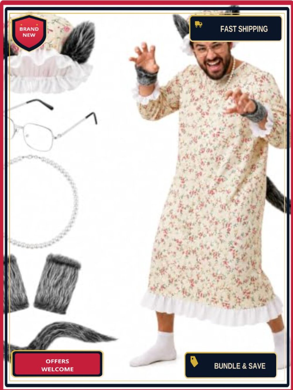 6 Pc Wolf Grandma Costume Set Floral Nightgown Bonnet Faux Fur Tail Adult XL